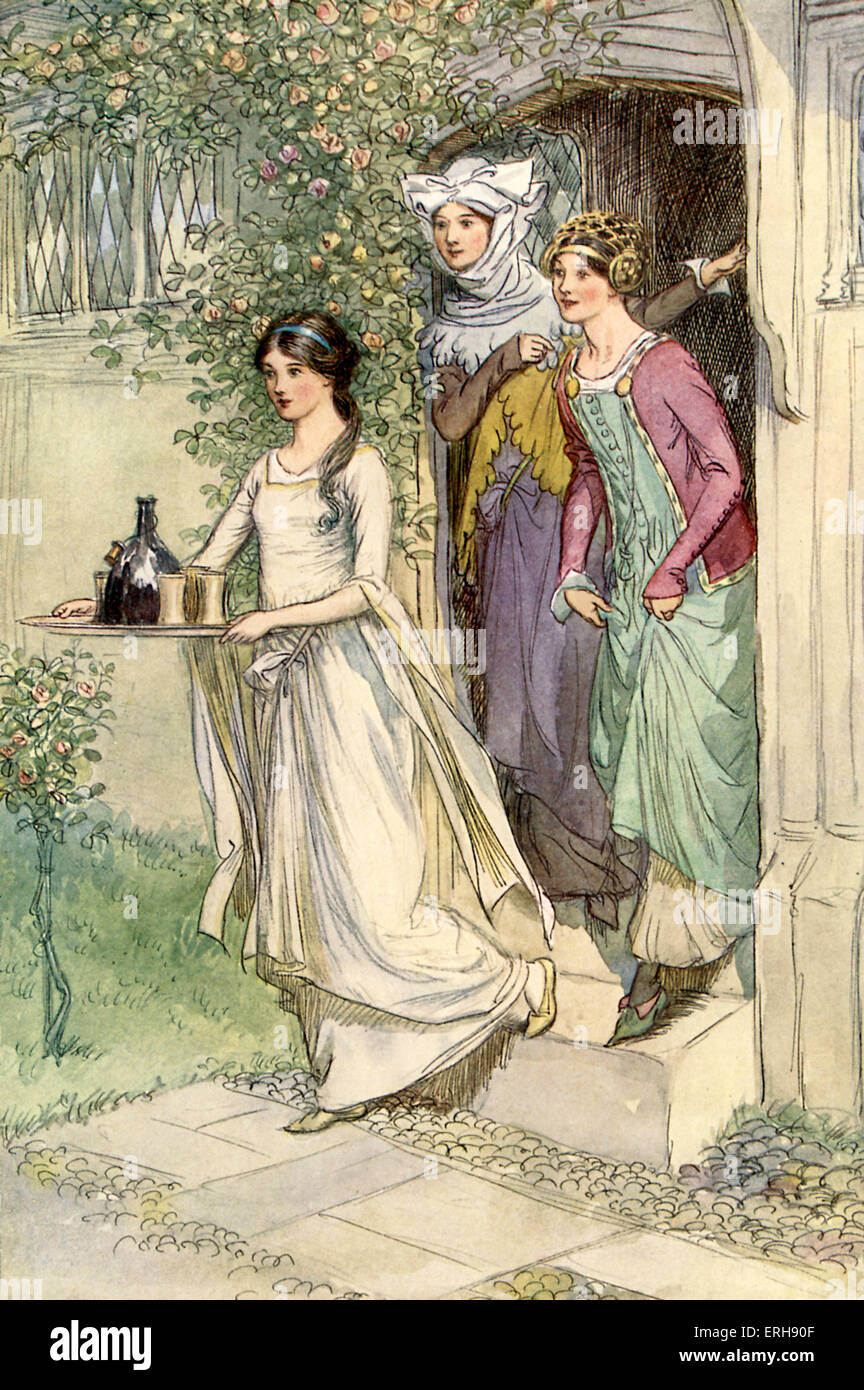 The Merry Wives of Windsor by William Shakespeare. Illustration by Hugh Thomson, 1910. Act I, Scene 1. Caption: 'Enter Anne Page with wine, Mistress Ford and Mistress Page following'. Stock Photo
