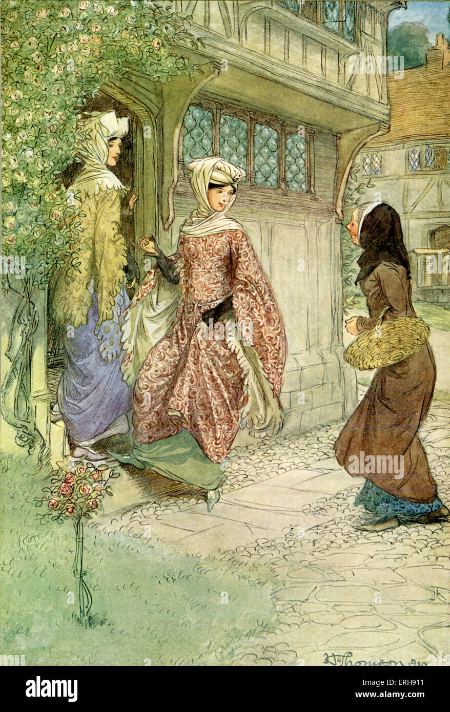 The Merry Wives of Windsor by William Shakespeare. Illustration by Hugh Thomson, 1910. Act II, Scene 1. Caption: [Mistress Page Stock Photo