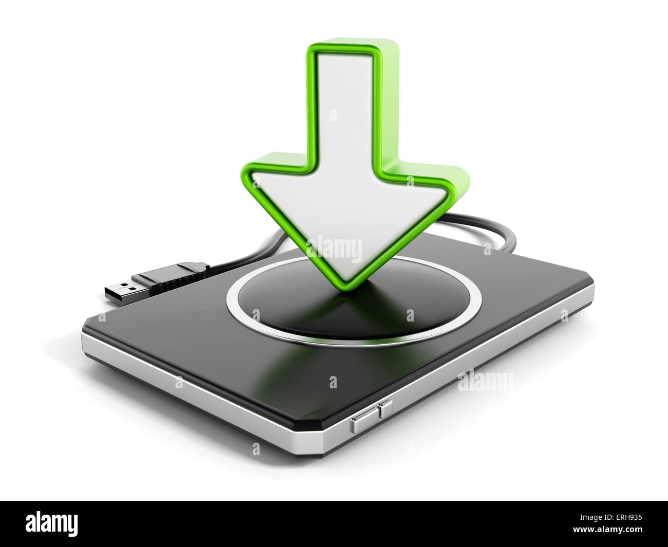 Green arrow icon on portable hard drive Stock Photo