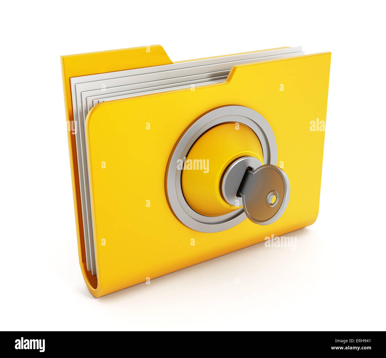 Yellow folder with a key isolated on white. Stock Photo