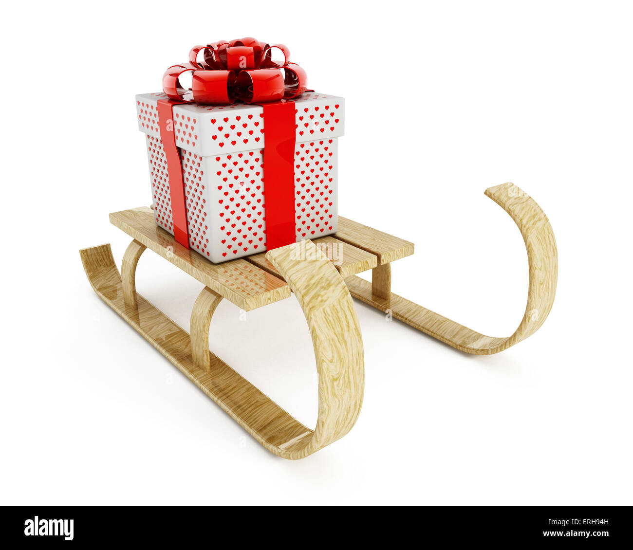 Christmas gift on sleigh isolated on white. Stock Photo