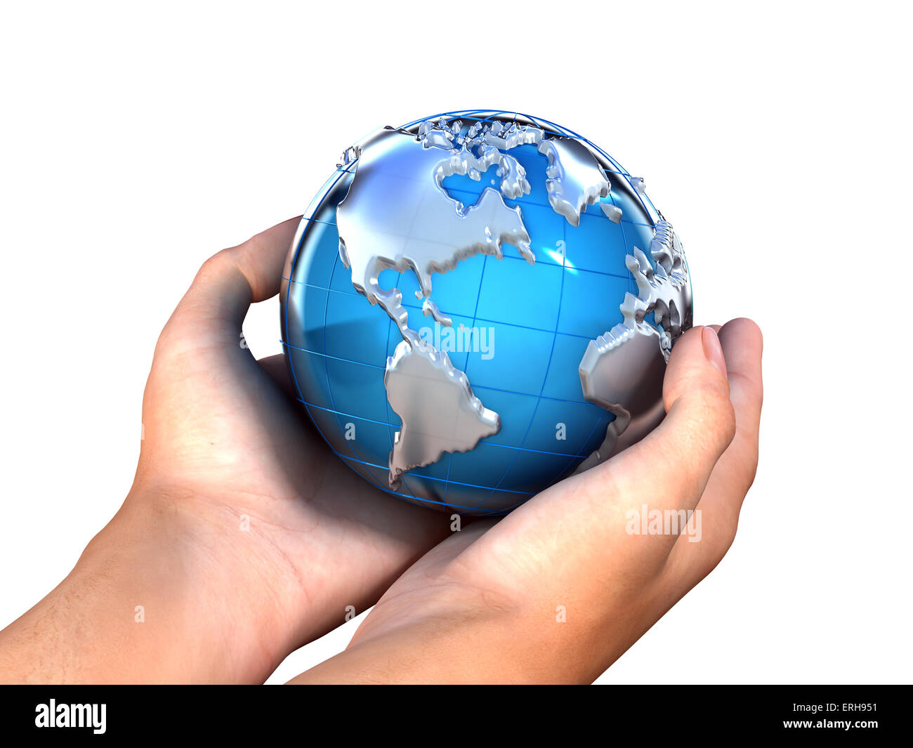 Hands grasping the blue globe Stock Photo