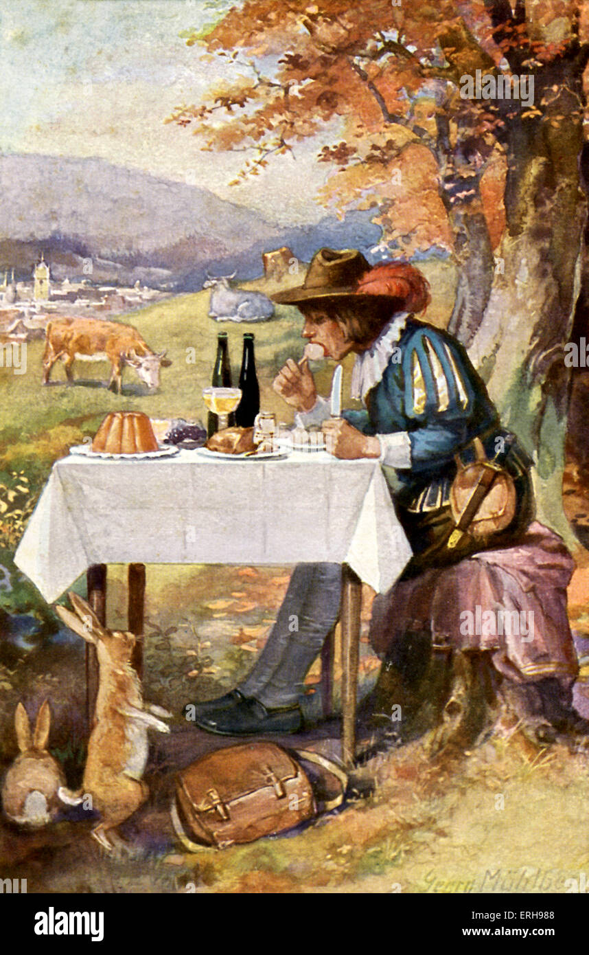 Tischchen deck dich, Goldesel und Knüppel aus dem Sack - by the Brothers  Grimm. Illustration to fairy tale by Georg Mühlberg. A Stock Photo - Alamy