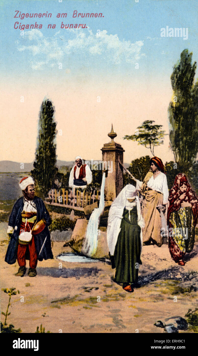 GYPSY by the well, (early 20th century) Bosnia Hercegovina, Balkans (Austro-Hungarian Empire). Stock Photo