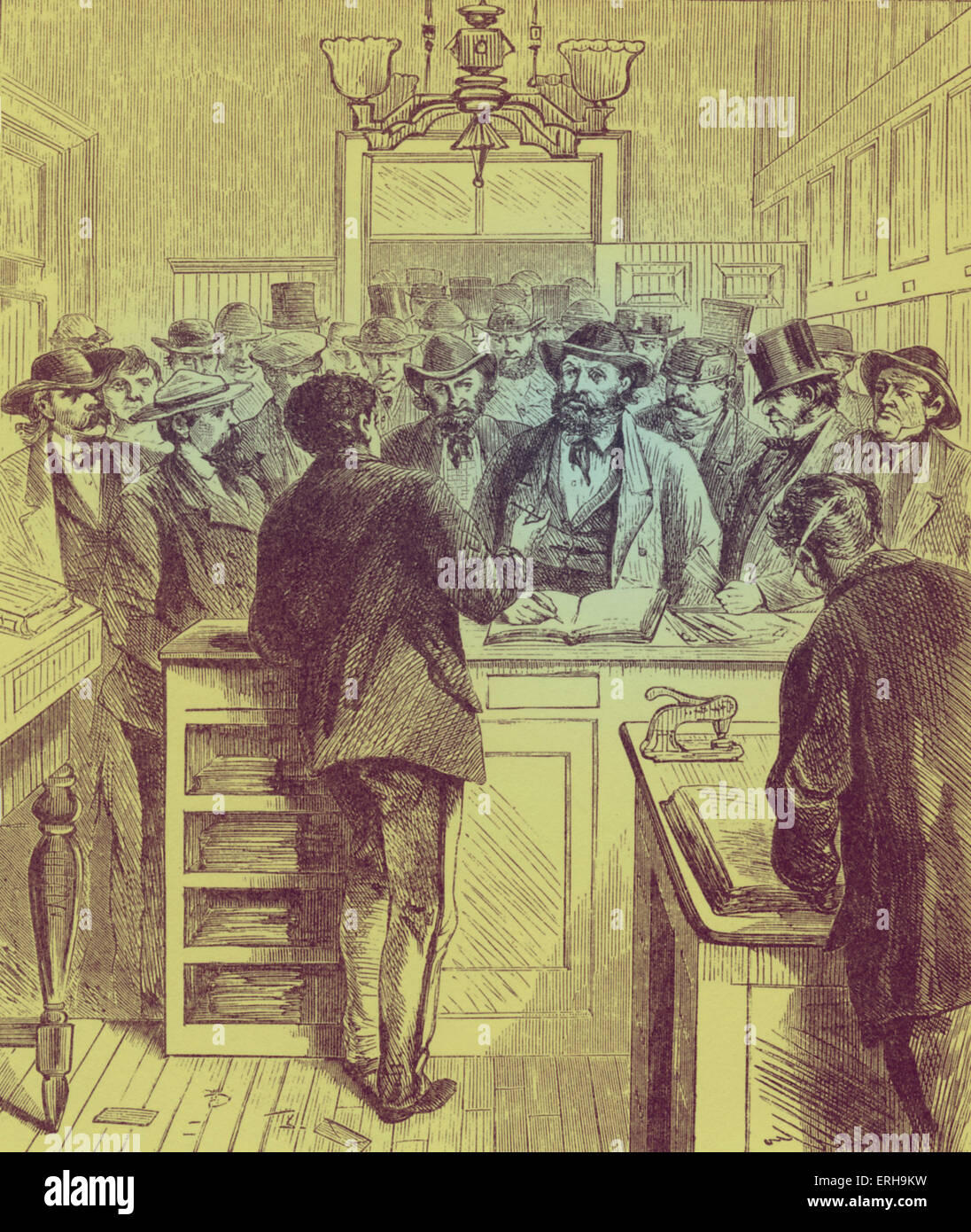 Immigrants applying for naturalisation in New York court. 19th century, USA. Illustration by Stanley Fox (dates unknown) Stock Photo