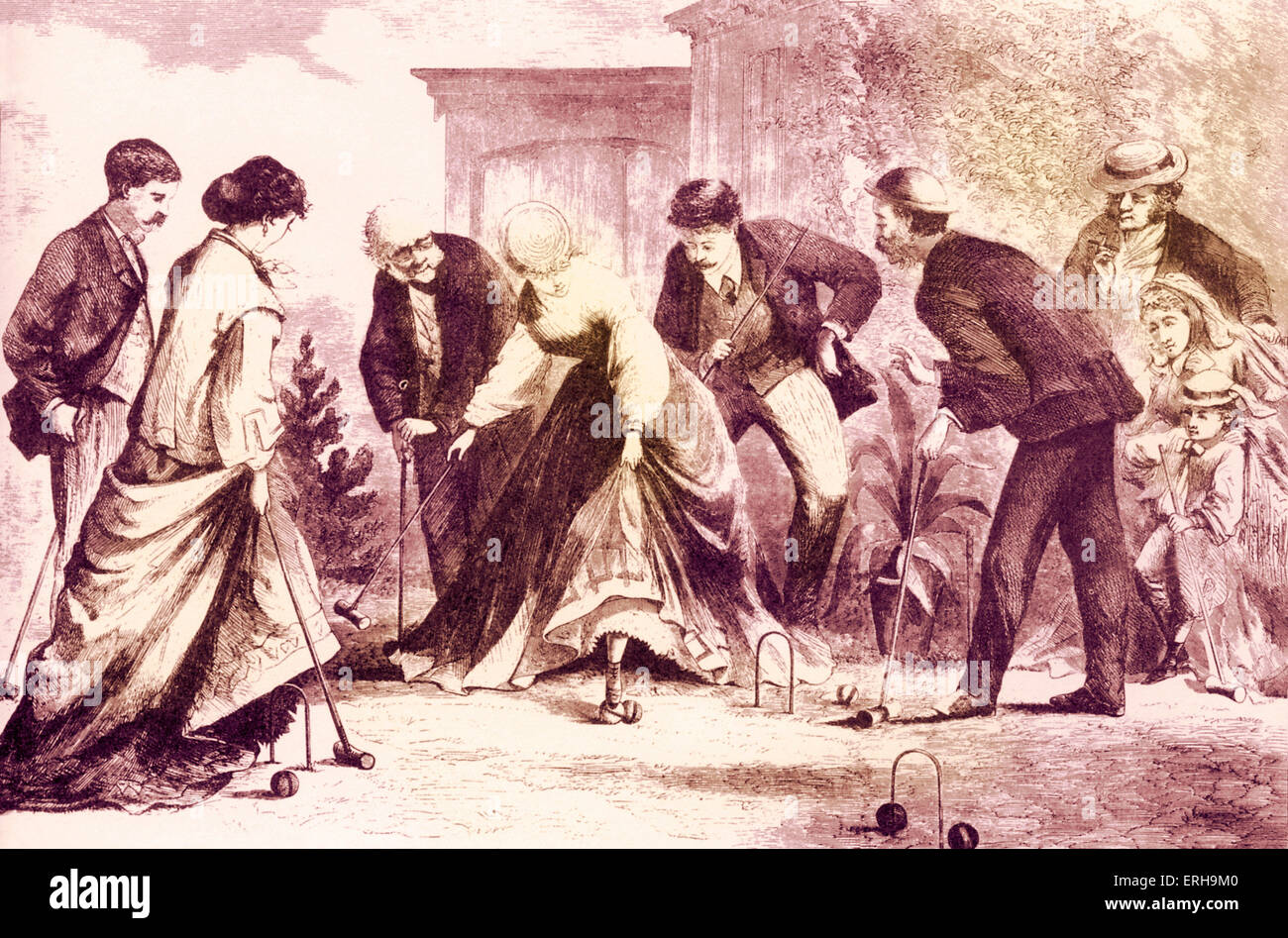 Croquet match. Men and women playing croquet with mallets. 1866, USA