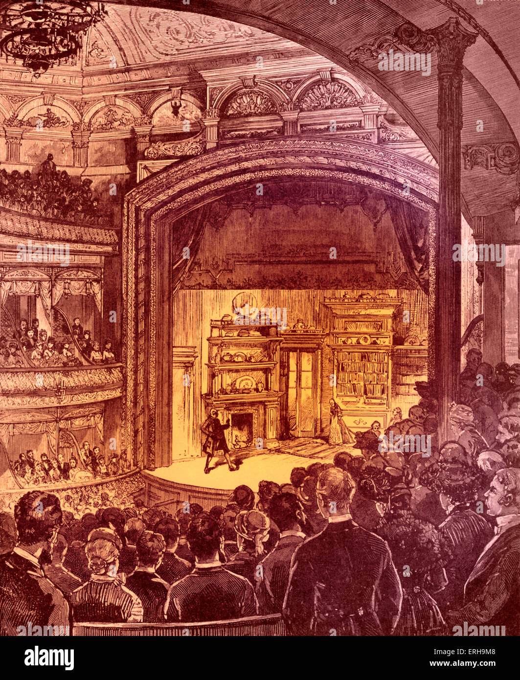 New York theatre interior 1882 . Performance by John Gilbert and Rose Coghlan as Sir Peter and Lady Teazle in Richard Prinsley Sheridan's 'The School for Scandal'. New York, 4 January 1882. Illustration by Charles Graham (1852 - 1911). Stock Photo