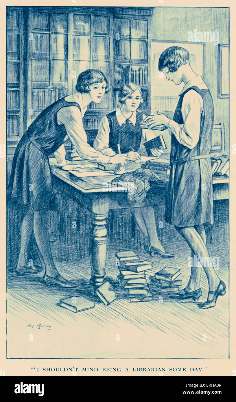 The Luckiest Girl in the School' by Angela Brazil. Book cover published by Blackie & Son in 1916. Caption reads: 'I shouldn't mind being a librarian some day'. Stock Photo