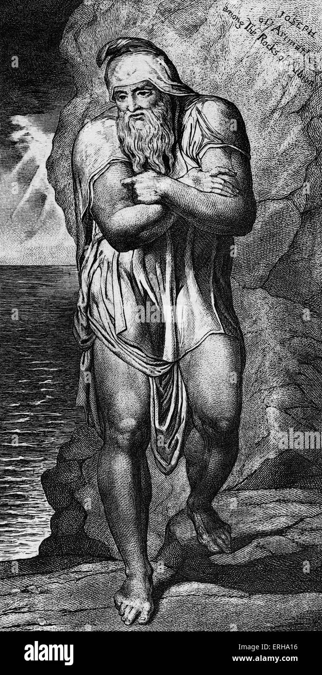 Joseph of Arimathea Among the Rocks of Albion engraved by William Blake, 1773. After a painting by Michaelangelo. Caption reads Stock Photo
