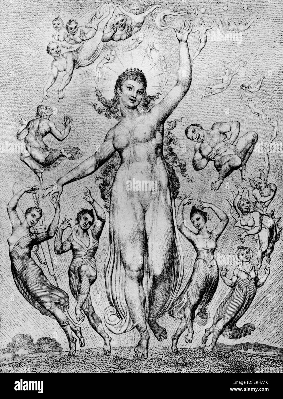 Mirth and her Companions by William Blake. Illustration to the lines from Milton's 'L'Allegro': 'Haste, thee, Nymph, and bring Stock Photo
