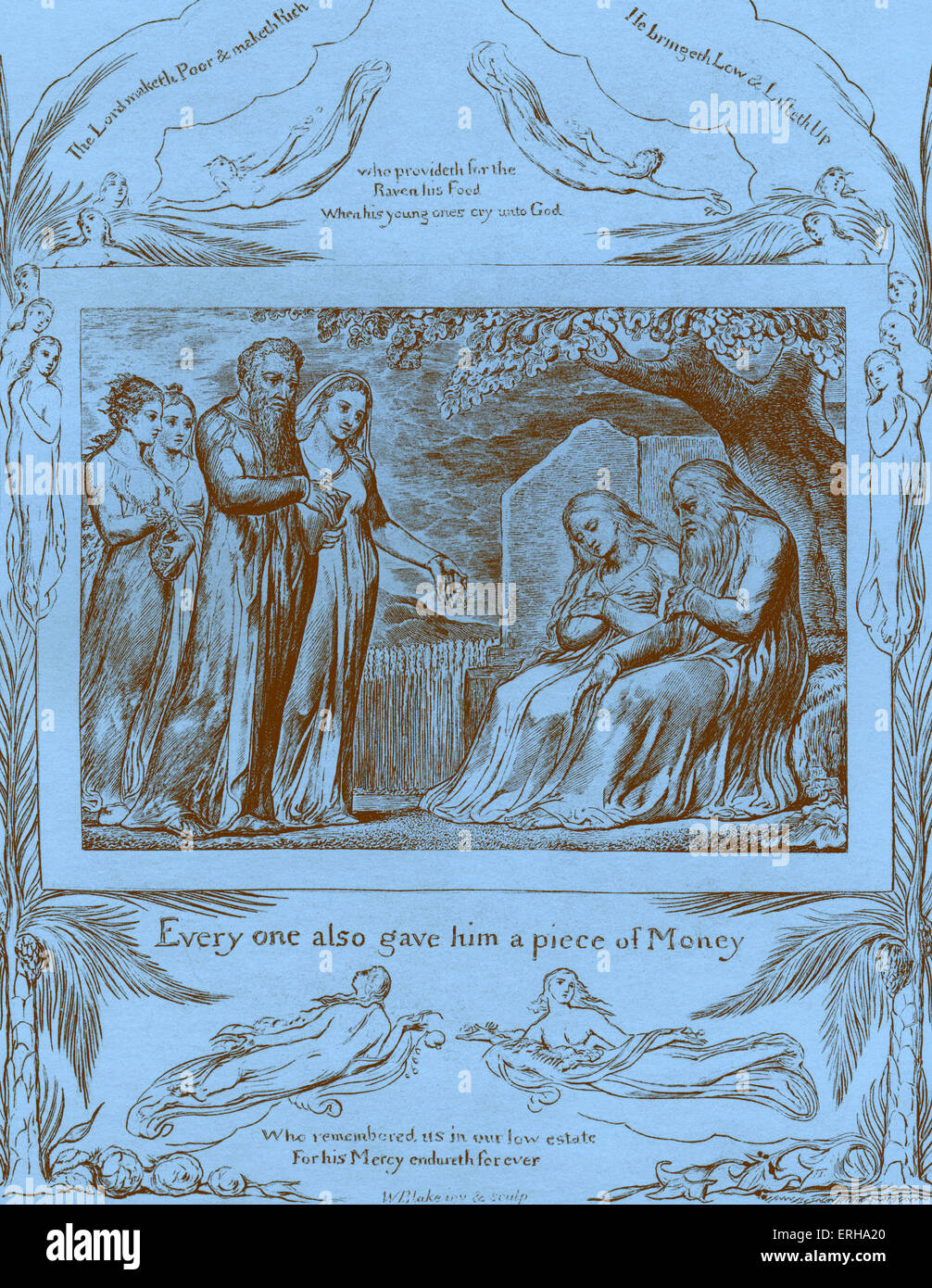 Job and his Wife Receiving Alms by William Blake, from the illustrations of the Book of Job, 1825. Captions read: 'The Lord Stock Photo