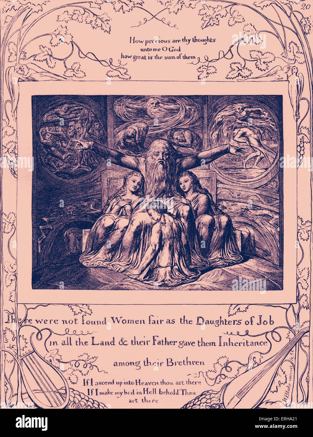 Job Recounting his Experience to his Daughters by William Blake, from the illustrations of the Book of Job, 1825. Captions read: 'How precious are thy thoughts unto me O God, how great is the sum of them'; 'There were not found Women fair as the Daughters of Job in all the Land and their Father gave them Inheritance among their Brethren'; 'If I ascend up into Heaven thou art there, If I make my bed in Hell behold thou art there'. English poet, painter and printmaker: 28 November 1757 — 12 August 1827. Stock Photo