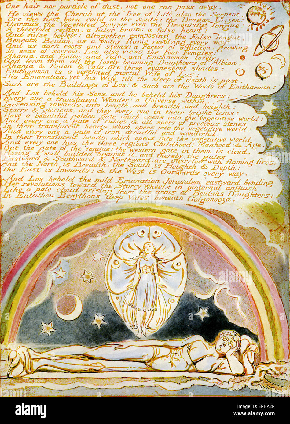 Enitharmon hovering over the sleeping Los, from page 14 of the poem 'Jerusalem' by William Blake, 1804-1820. English poet, Stock Photo