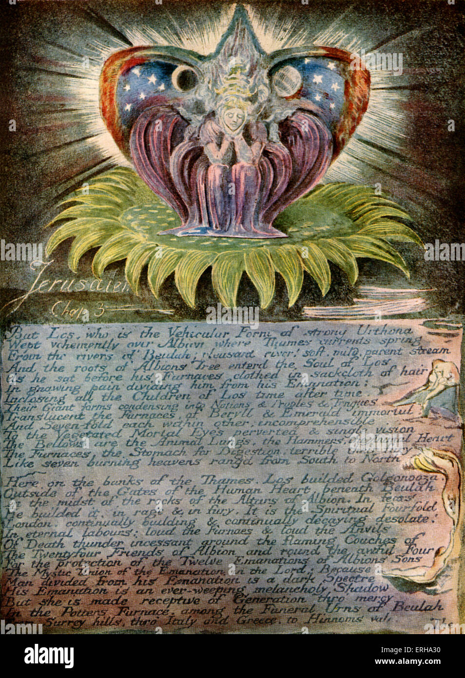 Beulah Throned on a Sun-Flower, page 53 of the poem 'Jerusalem' by William Blake, 1804-1820. English poet, painter and Stock Photo