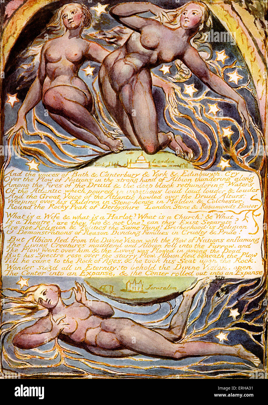 York, London, and Jerusalem, page 57 of the poem 'Jerusalem' by William Blake, 1804-1820. English poet, painter and printmaker: Stock Photo
