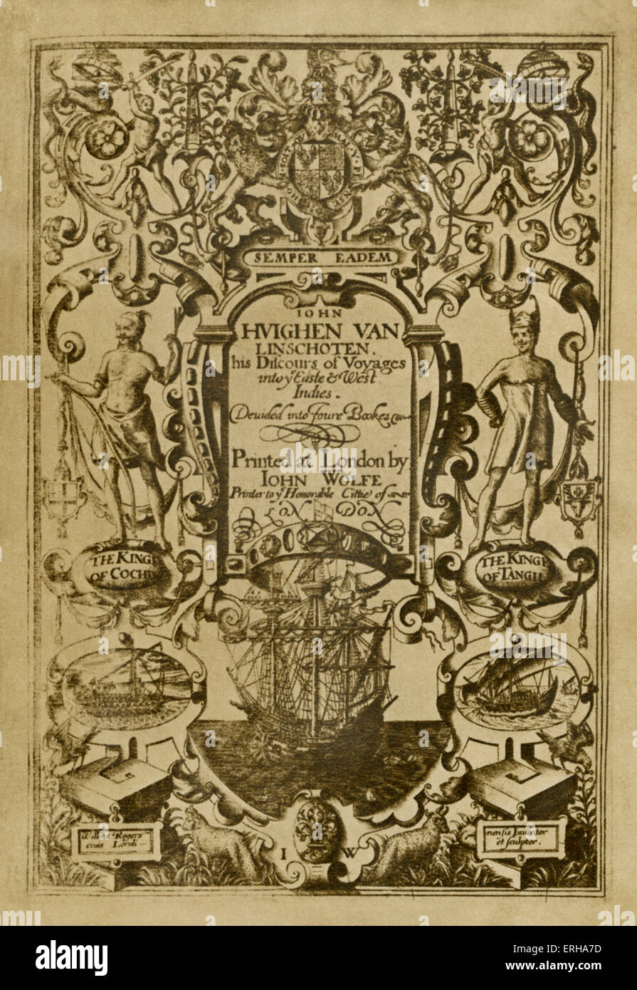 Title page: 'Discourse of Voyages into the East and West Indies', by Jan Huyghen van Linschoten (1563-1611), printed in London Stock Photo