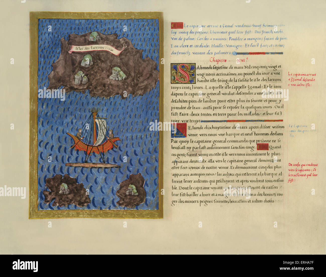 Pages from the 'Nancy' Manuscript of Antonio Pigafetta's (1480-1534) account of Magellan's voyage, 'Navigation Et Descouvrement Stock Photo