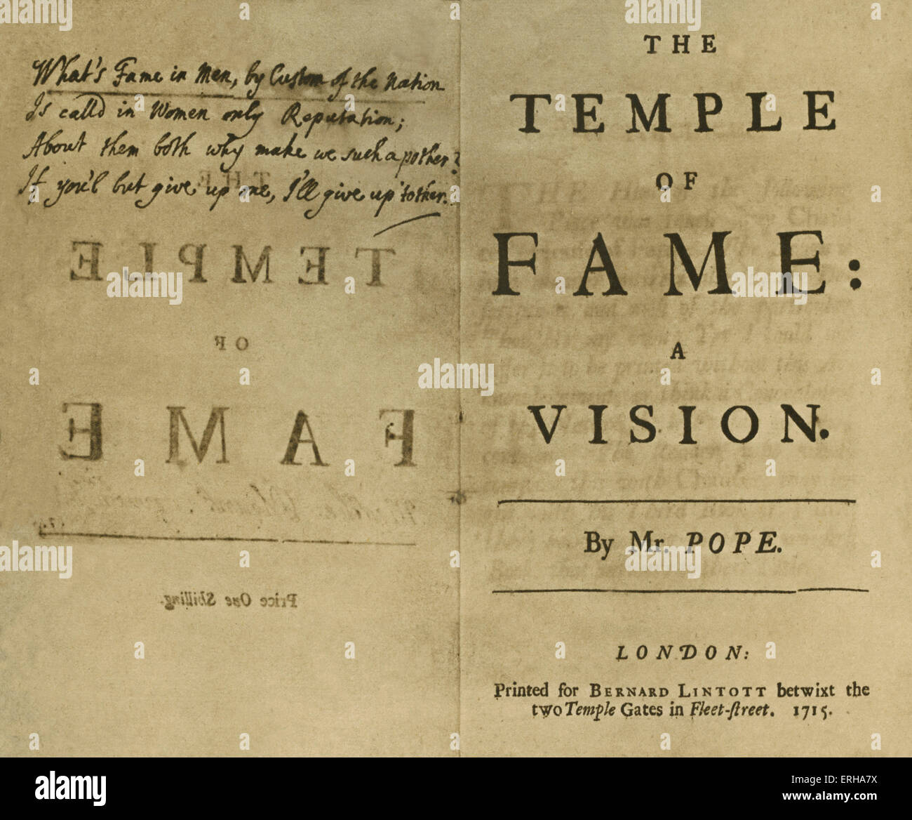 Title page: 'The Temple of Fame, a Vision', by Alexander Pope (1688-1744), printed in London, 1715. Pope presented this copy to Stock Photo