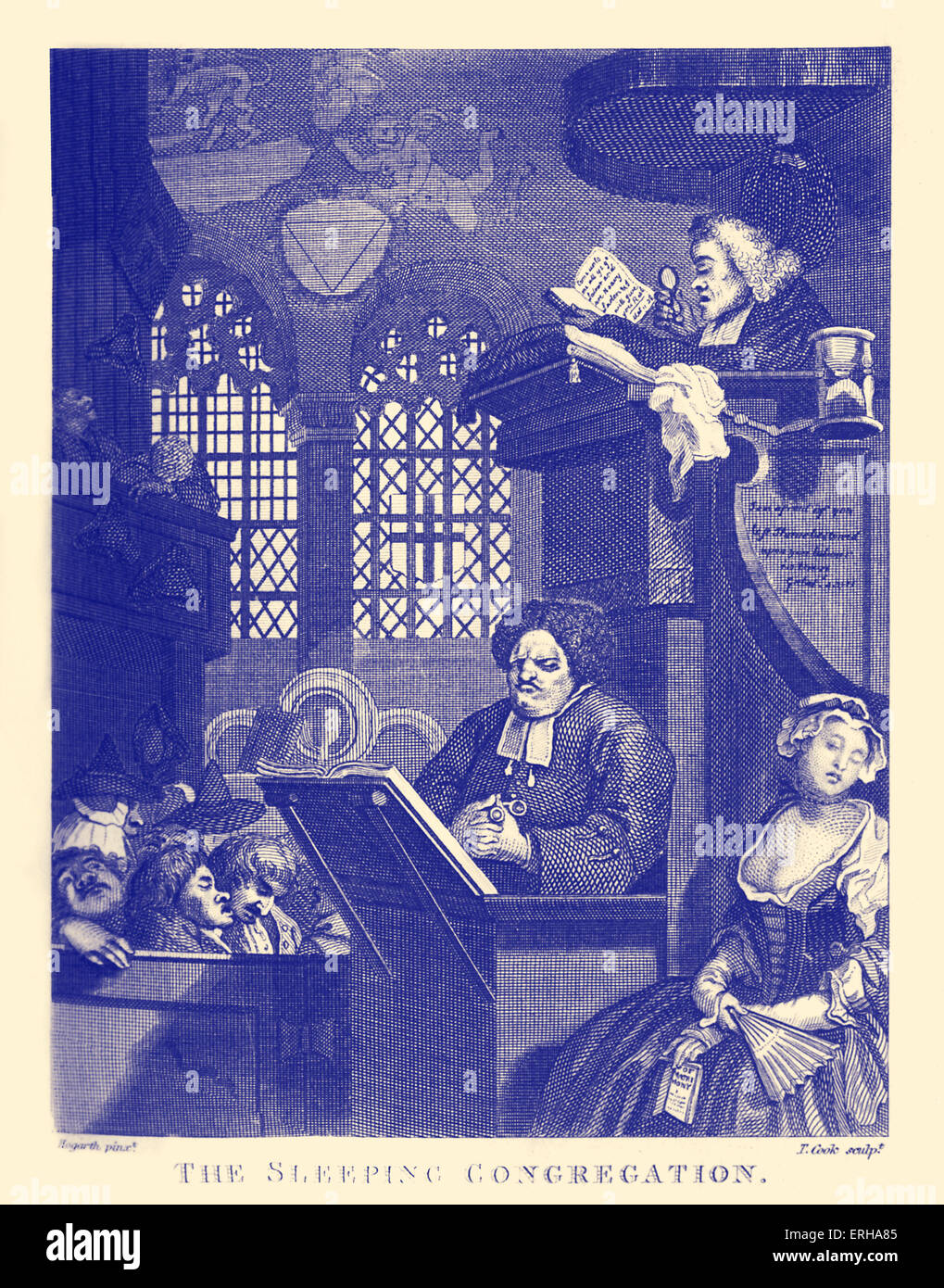 The Sleeping Congregation, (1736), engraving by William Hogarth. A parish clerk watches a sleeping Sunday congregation, while Stock Photo