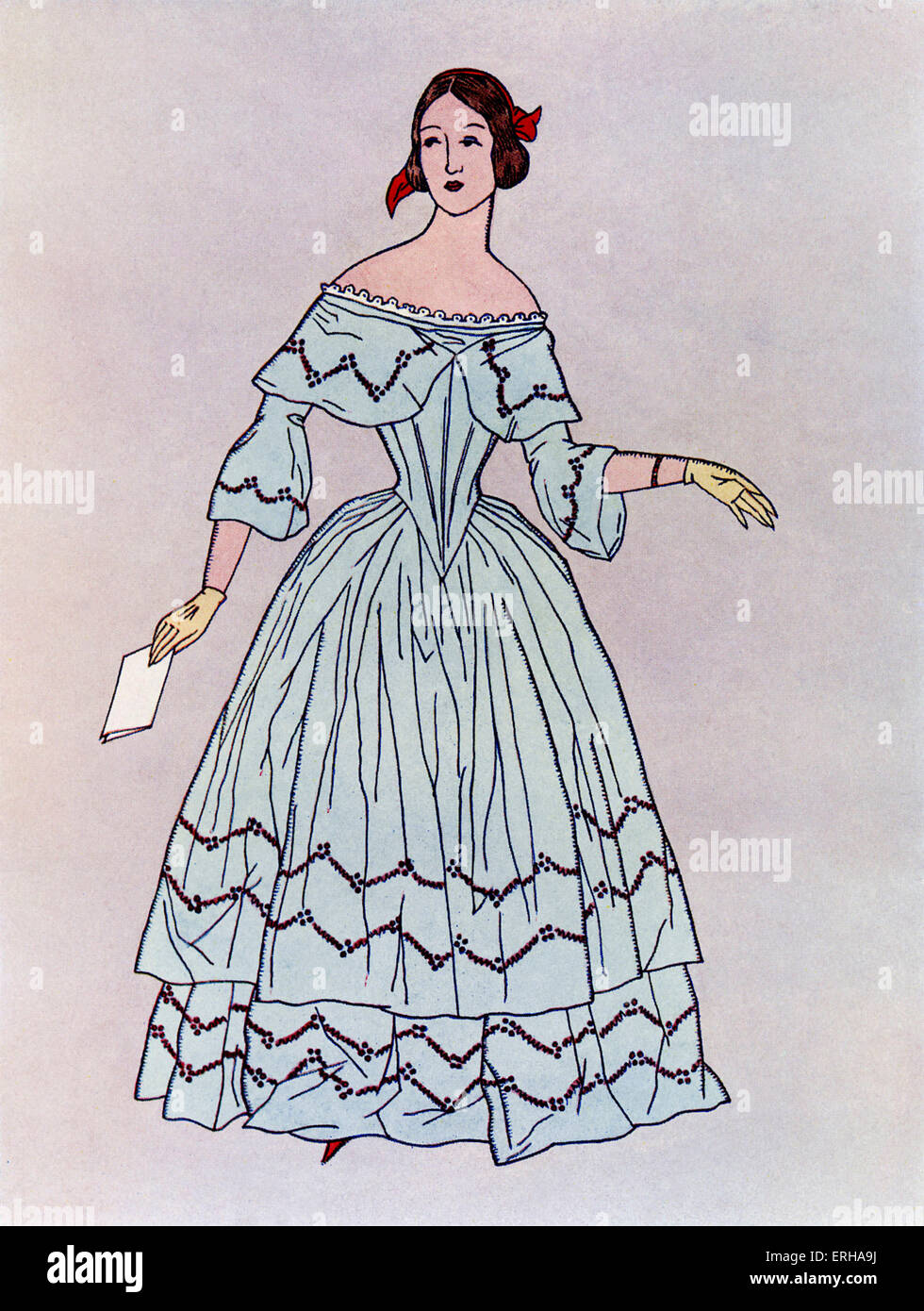 Lady in a mid-19th century dress, popular c.1844. Widening from the waist downwards, such dresses were made up of vertical Stock Photo