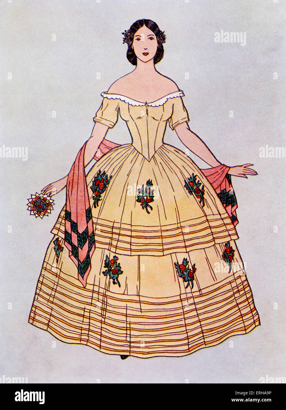 Lady wearing a ball dress, c.1860. In this style the skirt was in a deux jupes (two parts), decorated with flowers with a narrow white edging around the top. Stock Photo