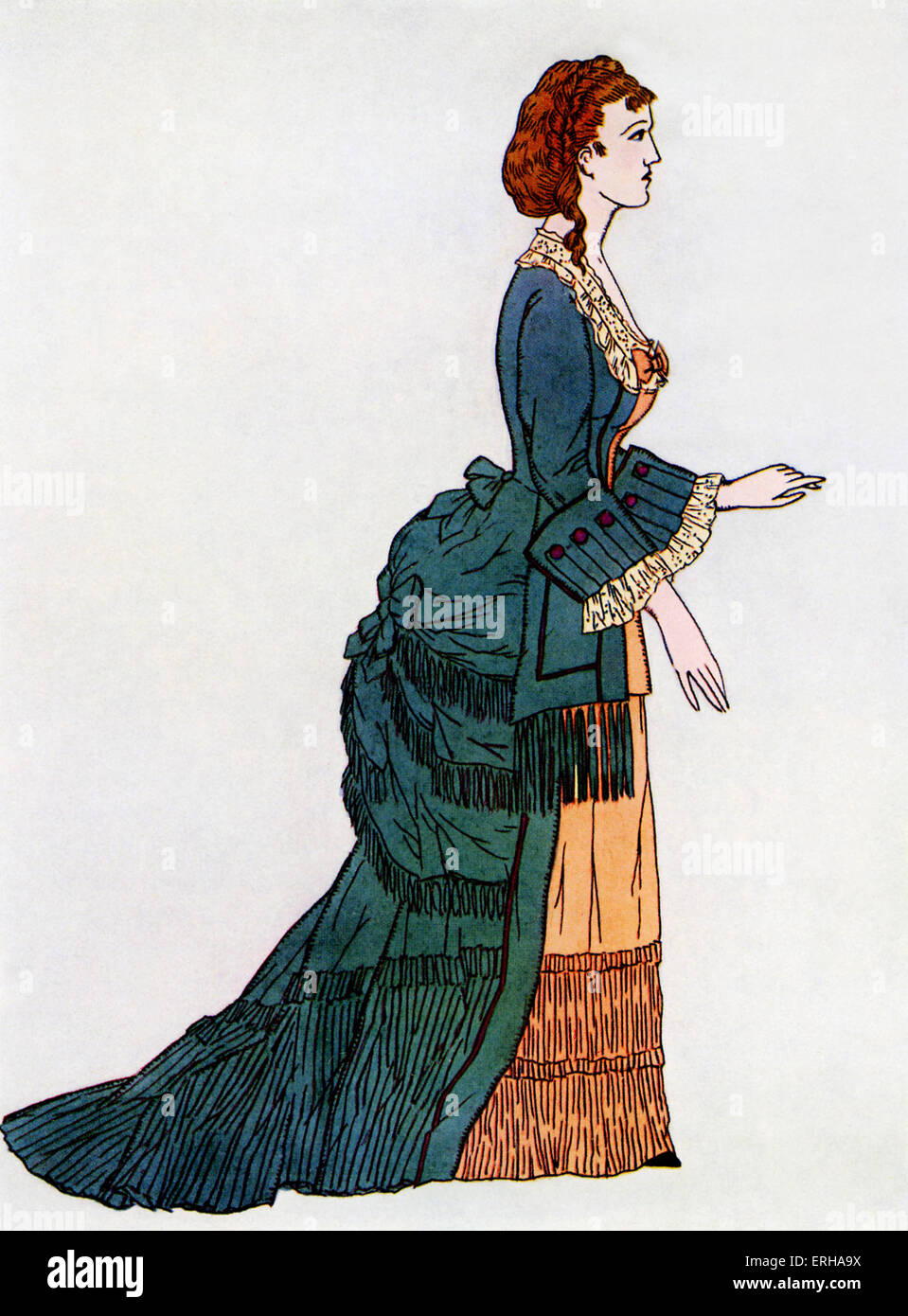 Lady wearing a dress with bustle, a style popular in Victorian England c.1878. Such arrangements would often disregard fullness Stock Photo