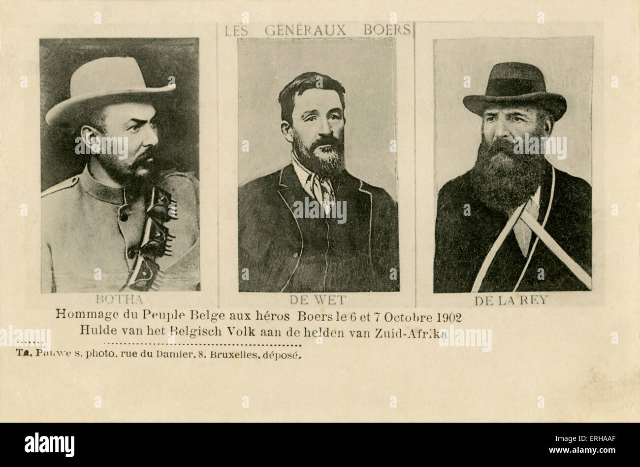 Generals Louis Botha (1862-1919), Christiaan de Wet (1854-1922) and Koos de la Rey (1847-1914) were three prominent generals in Stock Photo