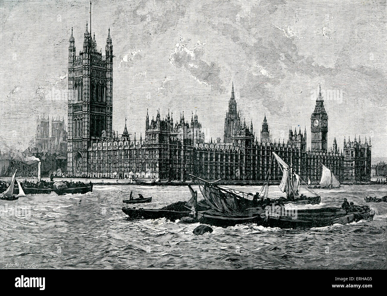 Houses of Parliament / Palace of Westminster, London. Designed by Charles Barry (23 May 1795 – 12 May 1860). After a photograph by Frith and Co,. Stock Photo
