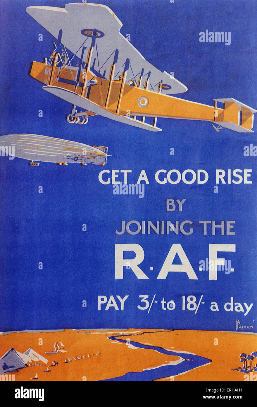 R.A.F. recruitment poster depicting a biplane and zepplin c.1918 