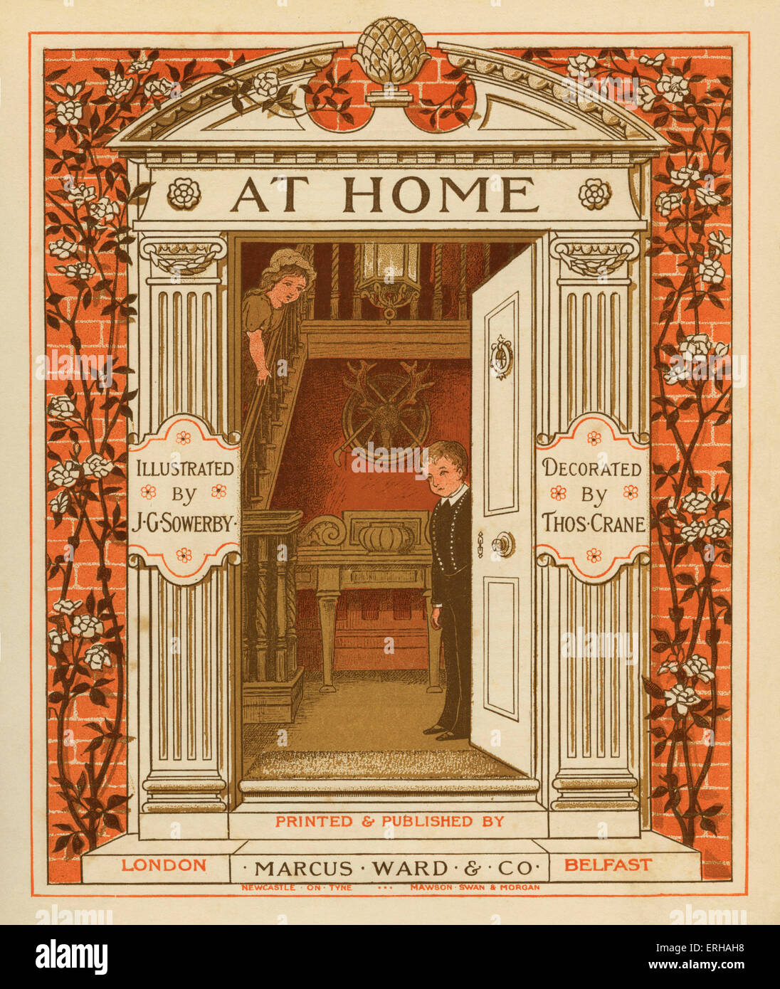 Frontispiece to At Home, by Thomas Crane. Children dressed as servants stands in an open doorway,     illustration by J.G. Stock Photo