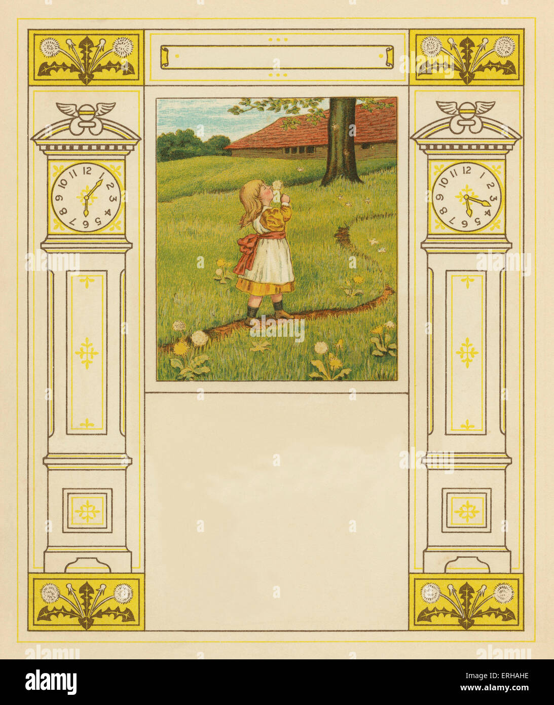 Victorian child telling the time with  a dandelion in a garden, illustration  by J.G. Sowerby.1881 Stock Photo