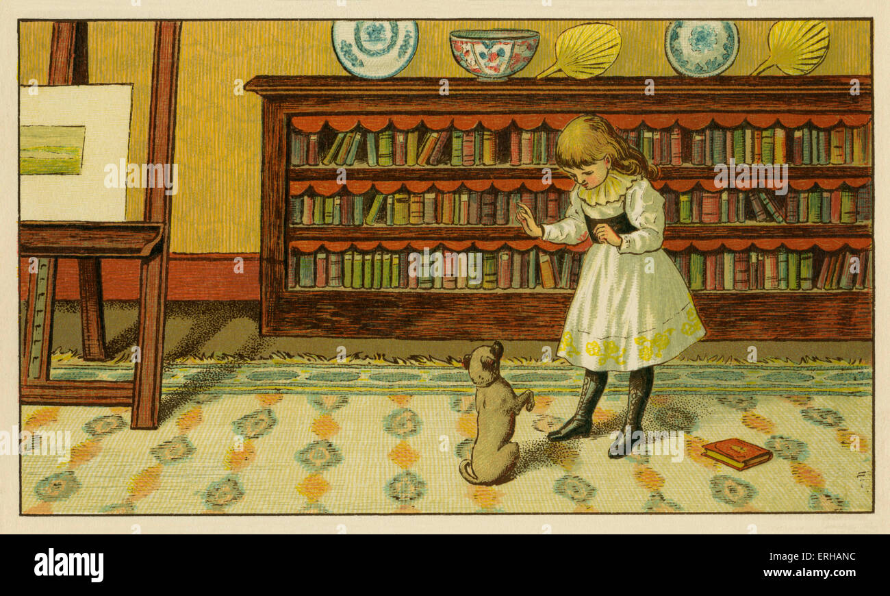 Victorian child and pet dog, an illustration by J.G. Sowerby1881. A girl teaches her puppy, how to beg. Stock Photo
