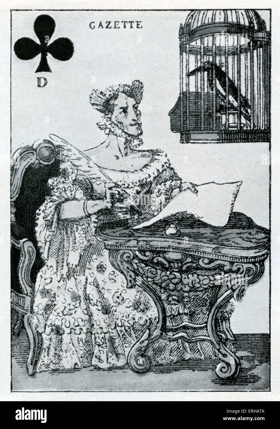 Jack of Clubs: a french playing card depicting an aristocrat at work, caption reads: 'gazette'. Stock Photo
