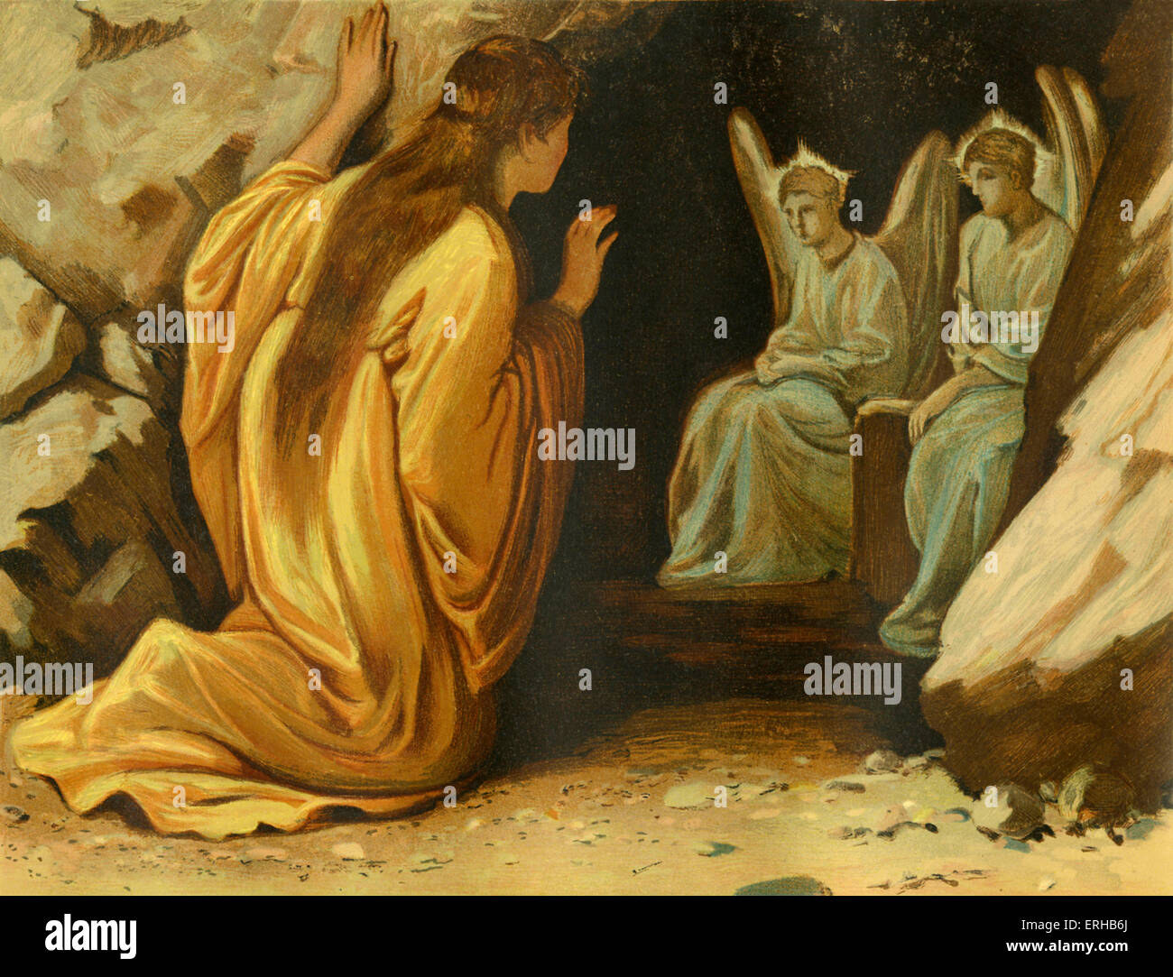 Mary Magdalene/ Mary of Magdala being informed of Christ's ressurection by angels at Jesus' tomb (Matthew 27:56).  Illustration Stock Photo