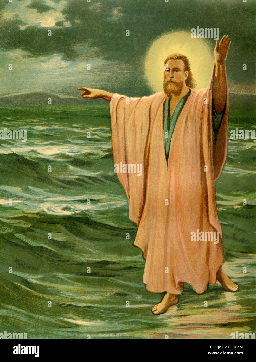 Jesus Christ performing one of his miracles - walking on Lake Galilee (Matthew 14:22-33, Mark 6:45-52, John 6:16-21). Stock Photo