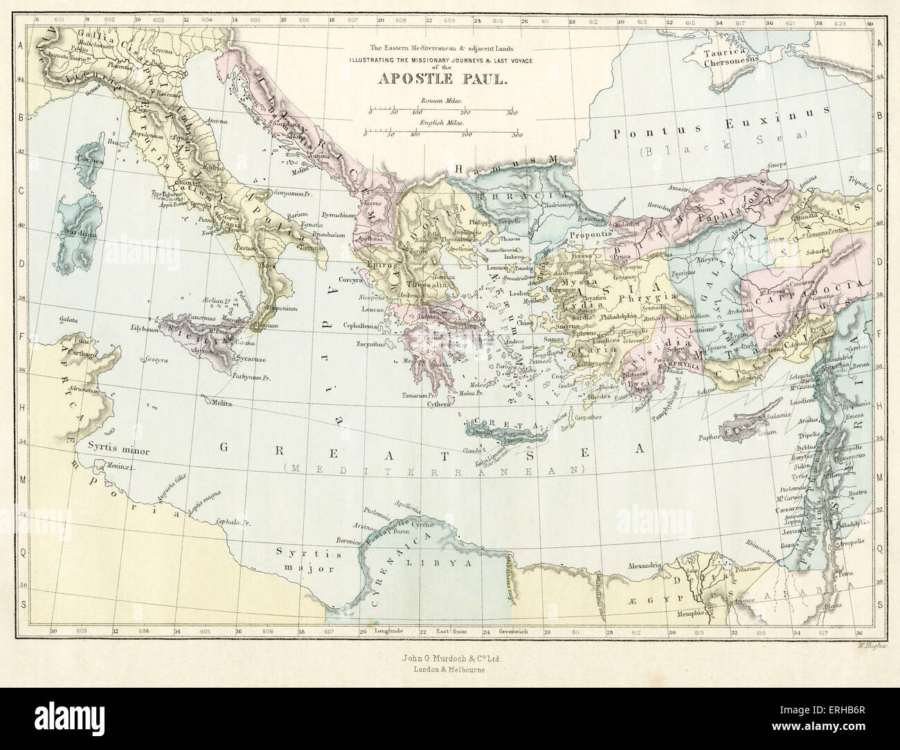 19th century map depicting the missionary journeys and last voyage of the Apostle Paul across the mediterranean. Illustration by Philip R Morris (1836-1902). Stock Photo