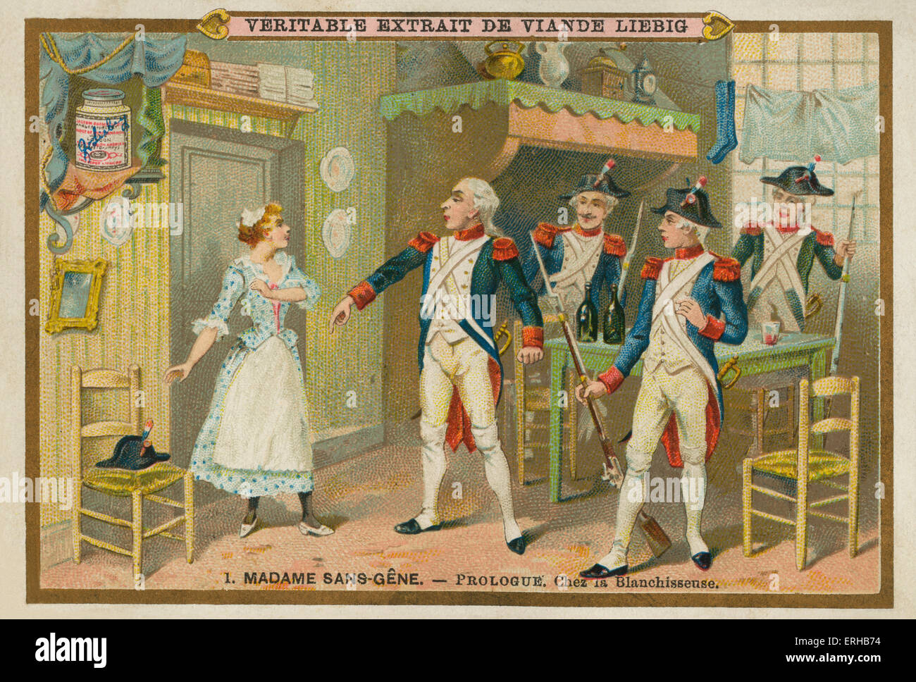 Madame Sans-Gene by Victorien Sardou (1893). Prologue: In the laundry (French caption: 'Chez la blanchisseuse'). Liebig card, Stock Photo