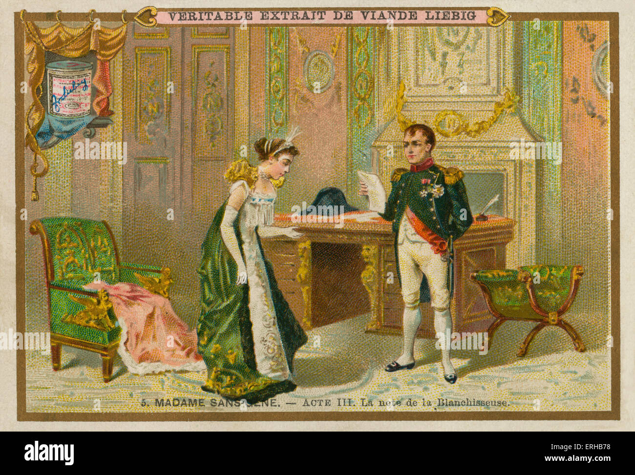 Madame Sans-Gene by Victorien Sardou (1893). Act III: The Launderess' note (French caption: 'La note de la Blanchisseuse'). Stock Photo