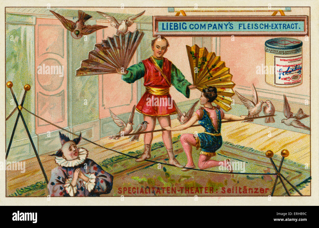Tightrope walkers/ high wire/ seiltänzer. Liebig card, Variety Acts, 1897. Stock Photo