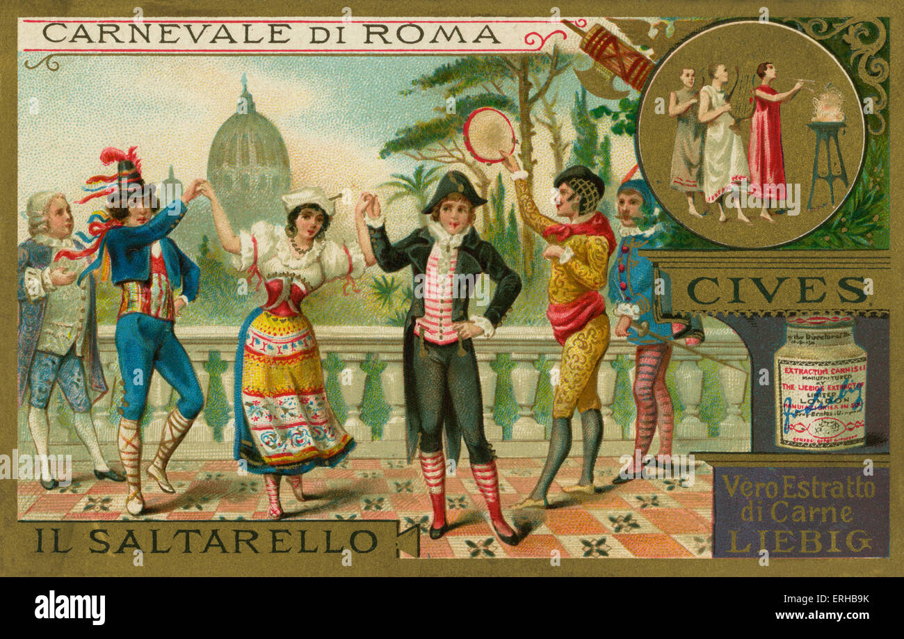 Saltarello -a lively folk dance. Liebig card, Carnival in Rome, 1897. Stock Photo