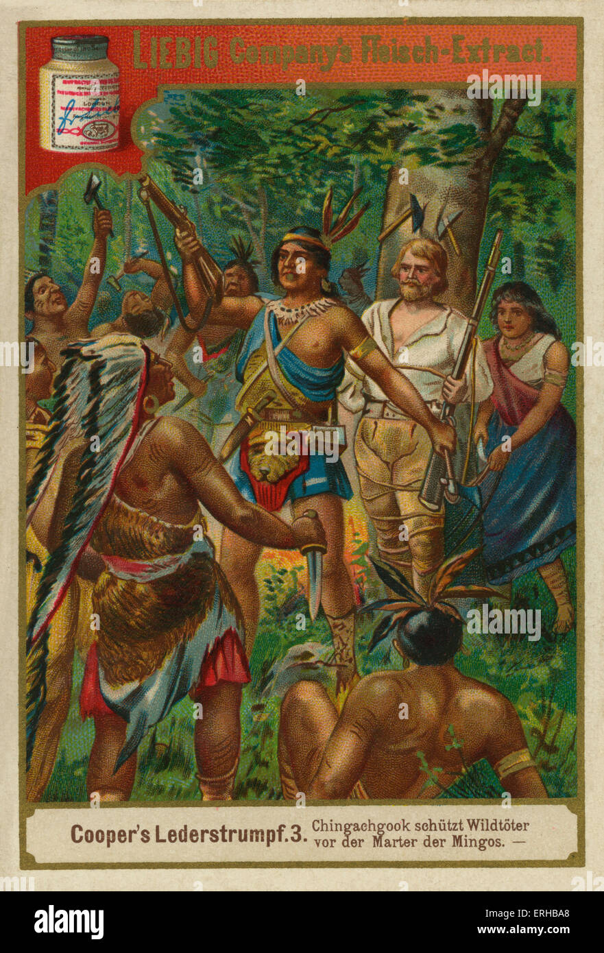 The Leatherstocking Tales by James Fennimore Cooper (1841). Caption reads: Chingachgook and  Deerslayer protect the Mingos from Stock Photo