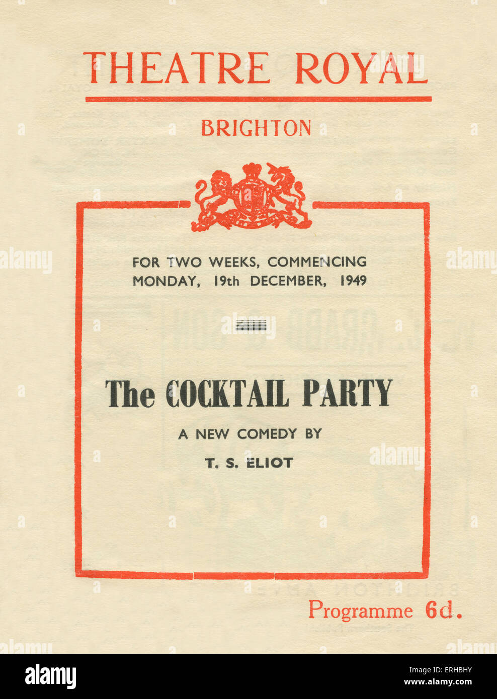 T S Eliot - The Cocktail Party, a new comedy. Programme from Theatre Royal, Brighton commencing 19th December 1949 (same year as premiere at Edinburgh ) Stock Photo