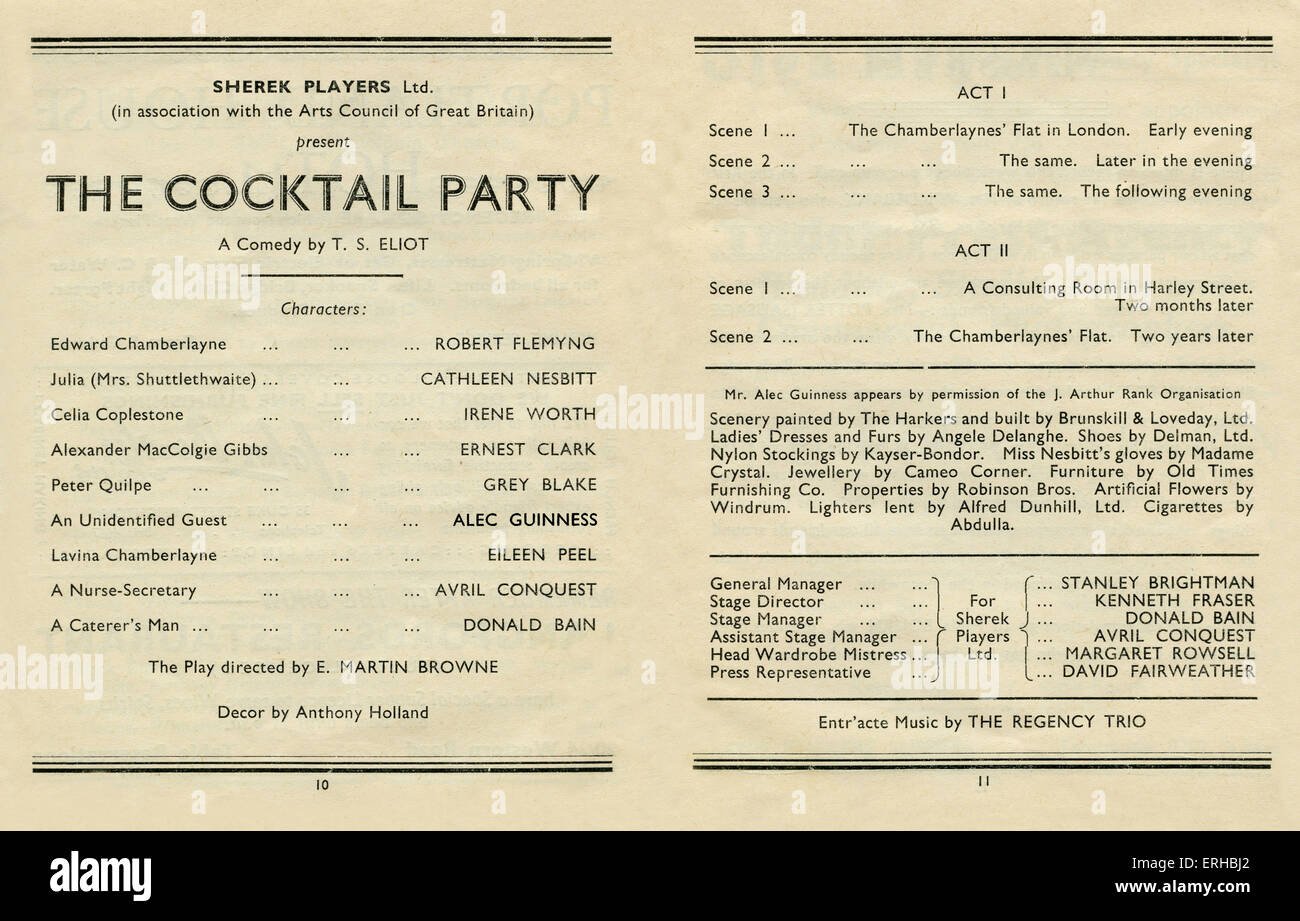 T S Eliot - The Cocktail Party, a new comedy. Programme from Theatre Royal, Brighton commencing 19th December 1949 (same year as premiere at Edinburgh ). Cast List includes, Robert Flemyng, Cathleen Nesbitt, Irene Worth, Ernest Clark, Grey Blake, Alec Guiness, Eileen Peel, Avril Conquest, Donald Bain. Directed by e Martin Browne Stock Photo