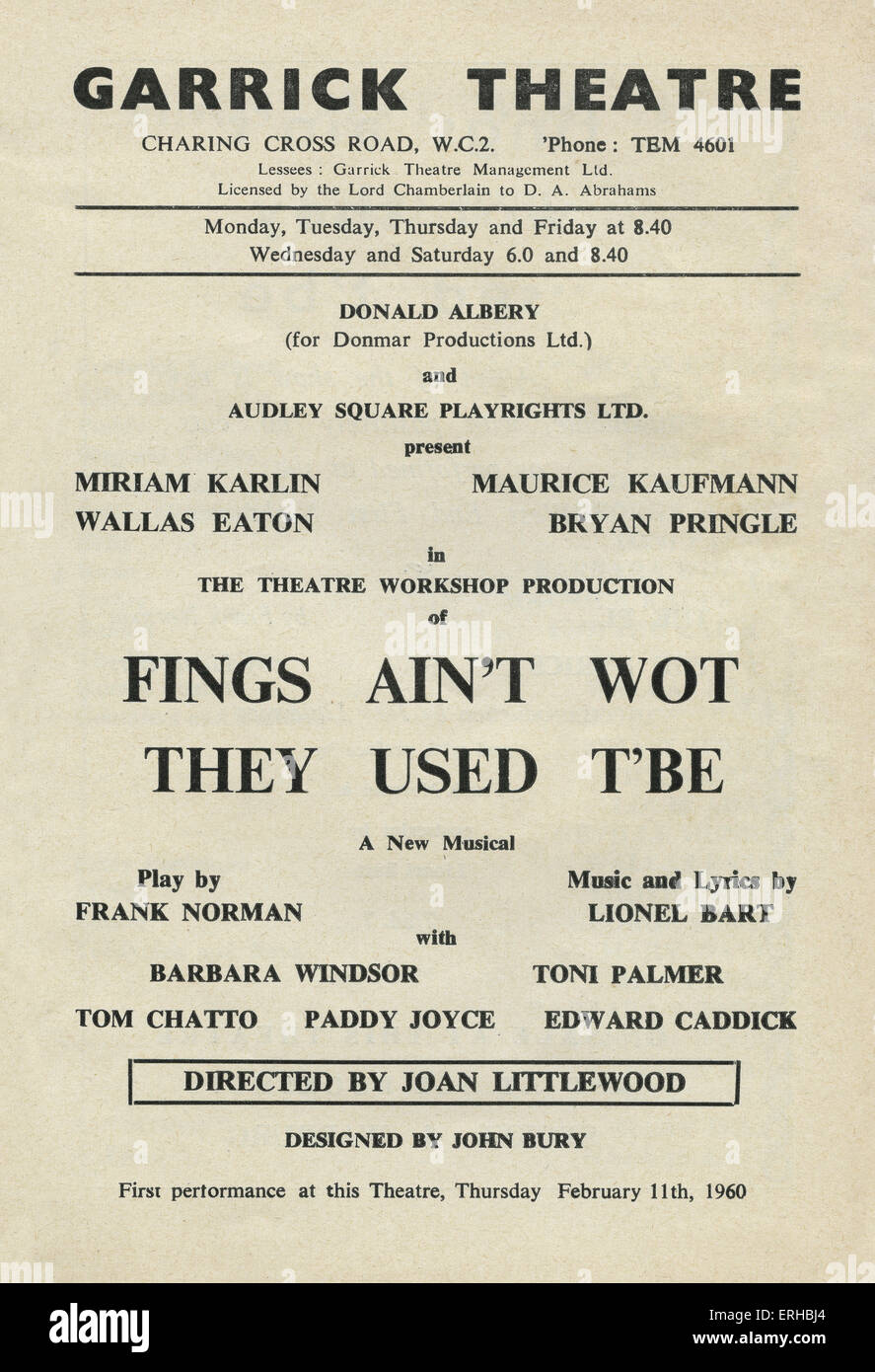 Fings Ain't Wot They Used to be programme for play by Frank Norman, music and lyrics by Lionel Bart, directed by Joan Stock Photo
