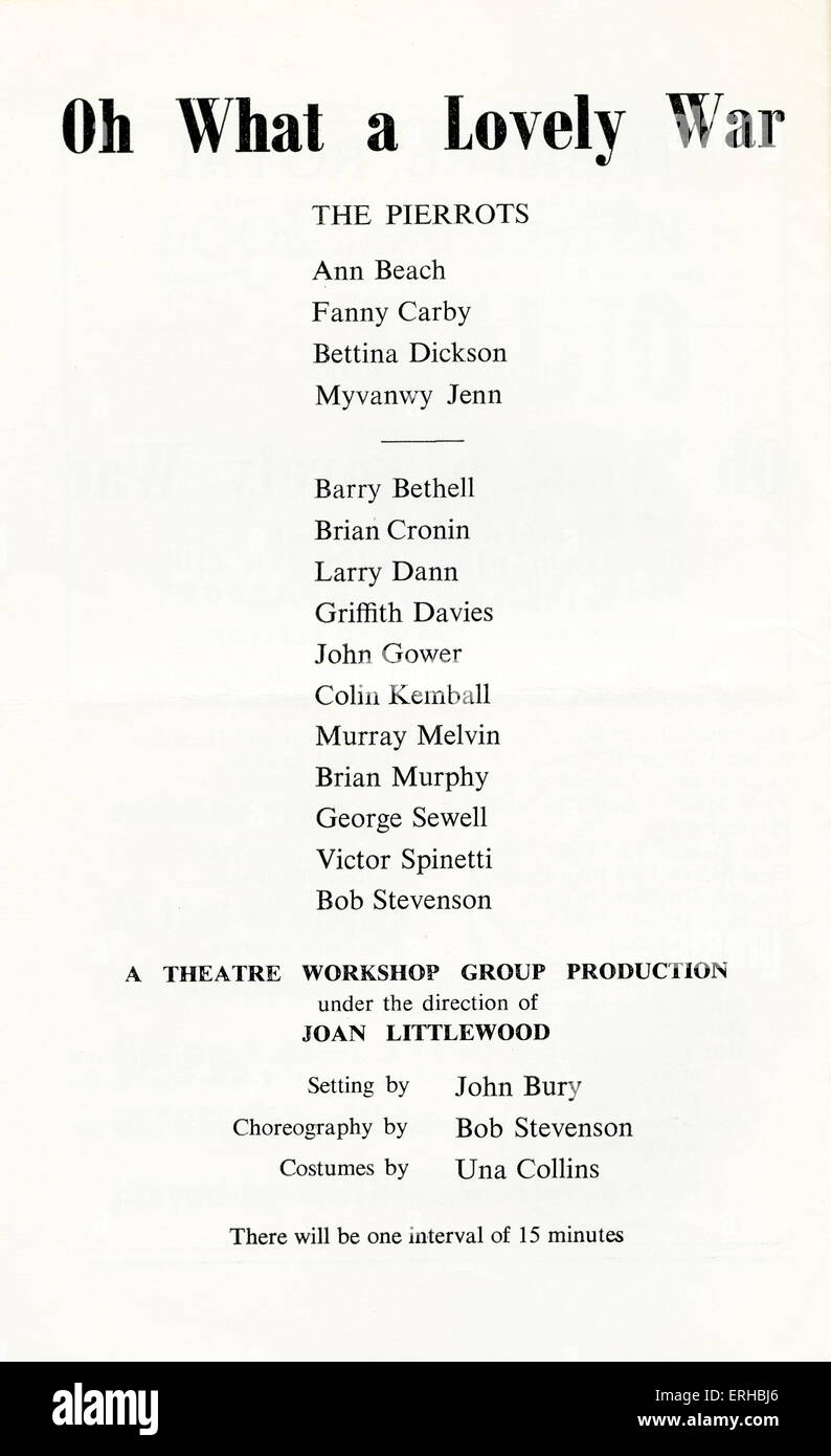 'Oh What a Lovely War'  programme  with cast. Production opened at Theatre Royal, Stratford East, 19 March 1963.' Musical Stock Photo