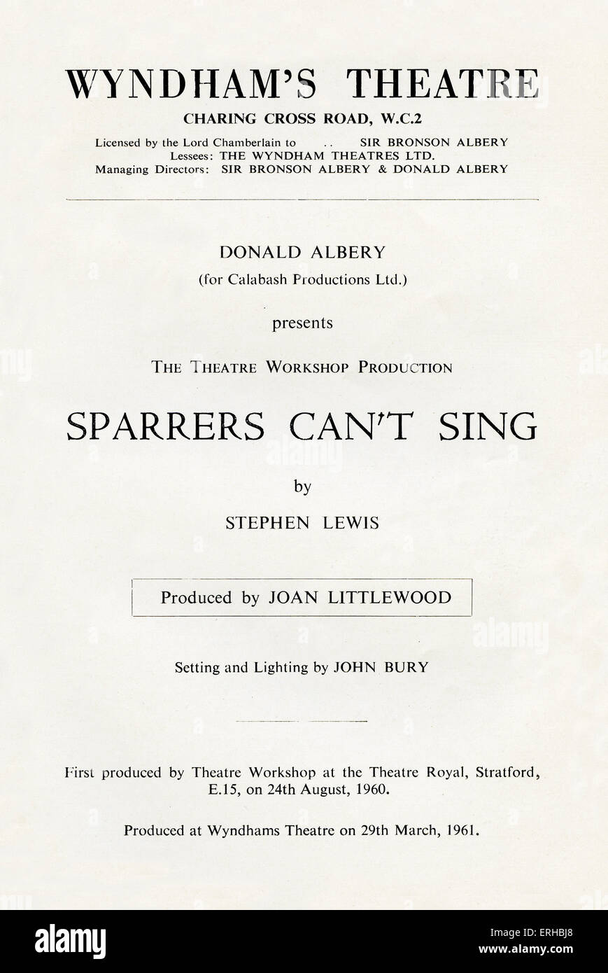 Sparrers Can't Sing programme  for play by Stephen Lewis,  Produced by  Joan Littlewood. Theatre Workshop production originally Stock Photo