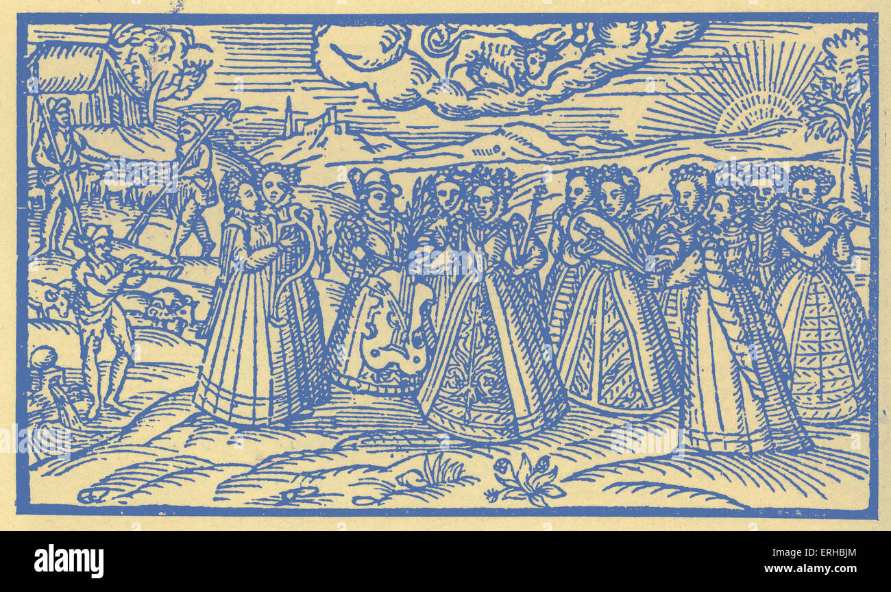 The Shepherd 's calendar, 1597.   April. Female musicians. Stock Photo