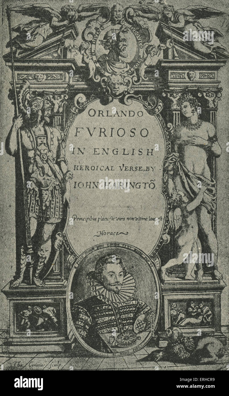 Title page of the English translation of 'Orlando Furioso', by Ludovico Ariosto, with portrait of the translator John Harington. 16th century. LA: Italian poet, 8 September 1474 – 6 July 1533. LA: English courtier and author, 4 August 1561 – 20 November 1612. Stock Photo