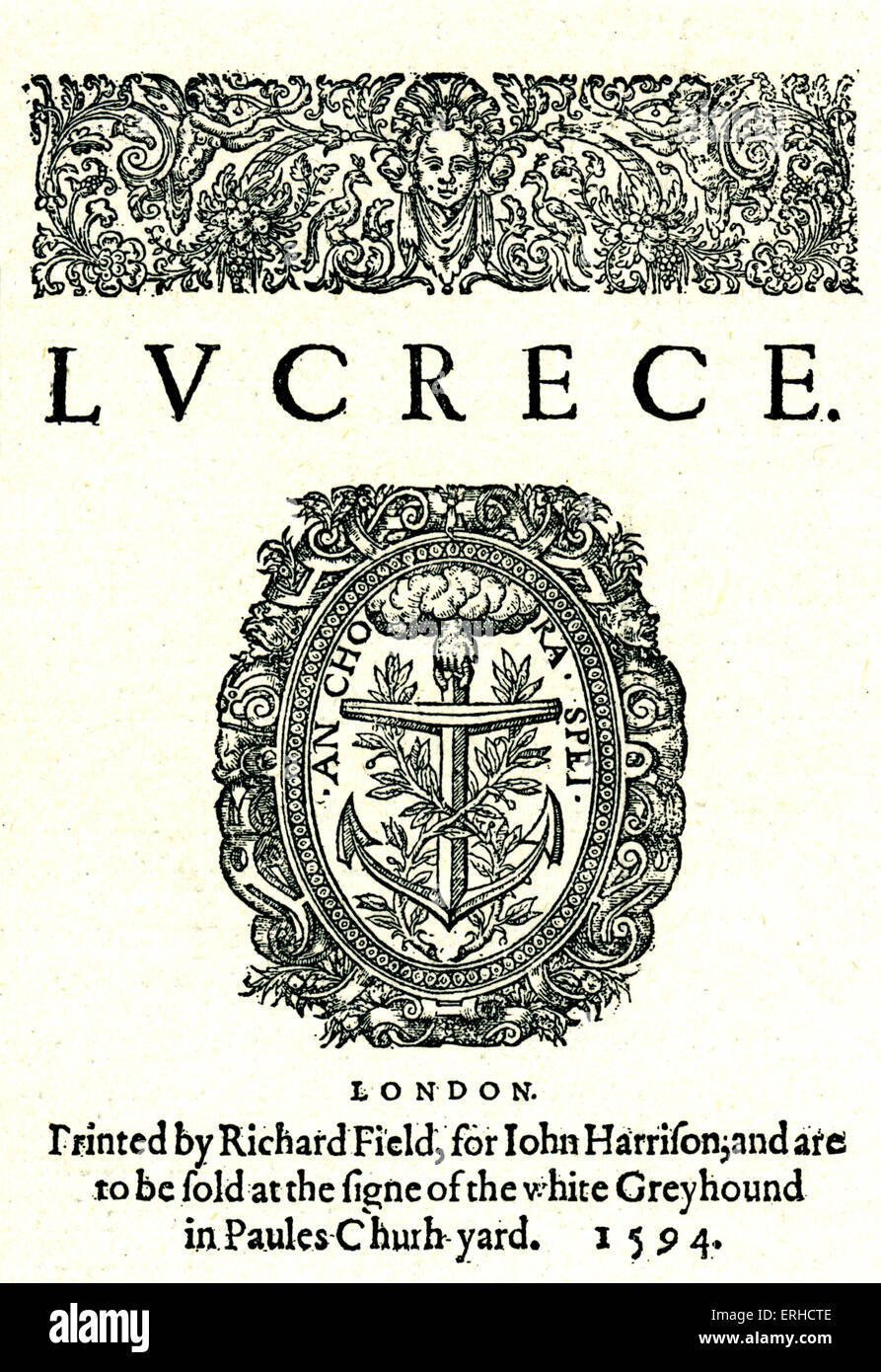 Title-page of William Shakespeare's 'Lucrece', 1594 quarto. Text reads: 'Lucrecue. London. Printed by Richard Field, for John Stock Photo