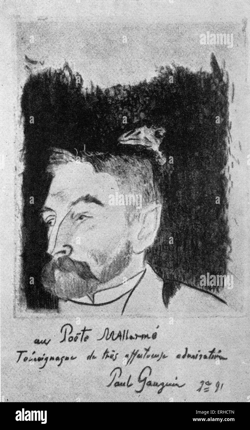 Portrait of Stéphane (Étienne) Mallarmé by Paul Gauguin. The raven over the sitter's head may allude to his translation of Edgar Allen Poe 's The Raven. SM: French critic and symbolist poet. 18 March 1842 – 9 September 1898. PG: French Post-Impressionist artist. 7 June 1848 – 8 May 1903. Stock Photo